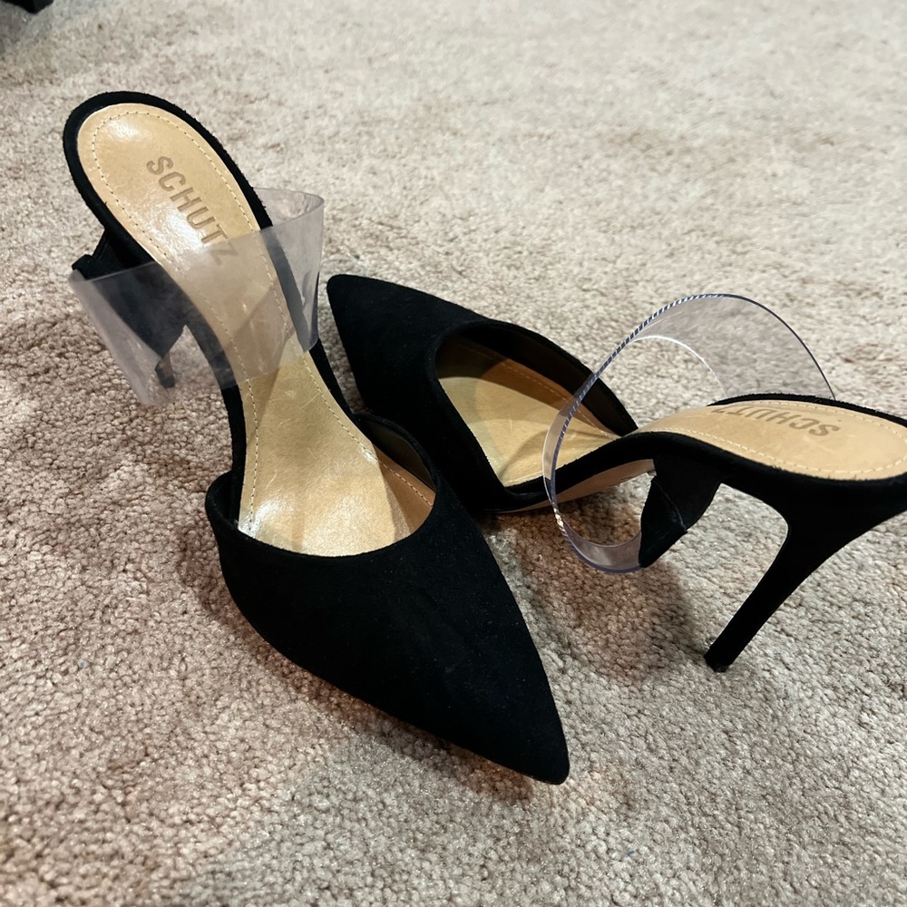 schutz black suede heels